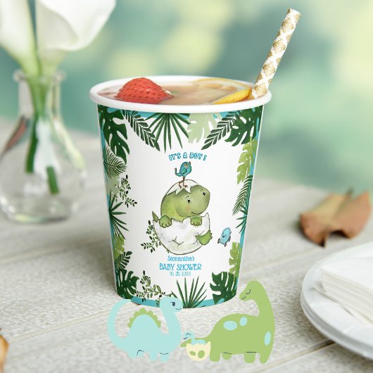 Jungle Leaves and Hatching Dino Boy Baby Shower Papieren Bekers
