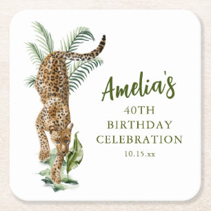 Jungle Luipaard Aquarel 40e Verjaardagsfeest Naam Vierkante Kartonnen Onderzetter