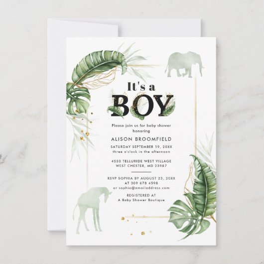 Jungle Olifant Giraffe Botanische Jongen Baby Show Kaart (Voorkant)