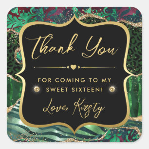 Jungle Safari Agate Groen en Goud Sweet 16 Vierkante Sticker