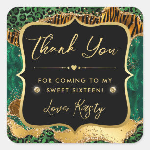 Jungle Safari Agate Groen en Goud Sweet 16 Vierkante Sticker