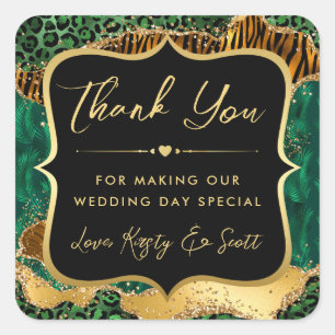 Jungle Safari Agate Groen en Gouden Trouwdag Vierkante Sticker