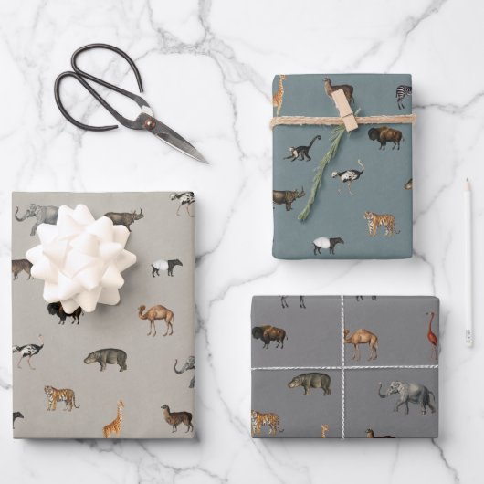 Jungle Safari Animals Pattern Blue Beige Grey Inpakpapier Vel (Voorkant)