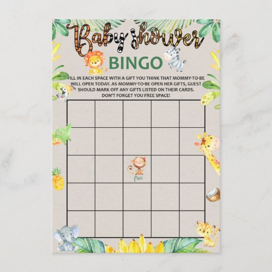 Jungle Safari Animaux Baby shower Bingo Carte de j (Devant)