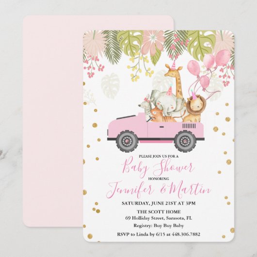 Jungle Safari Baby shower fille Invitation (Devant / Derrière)