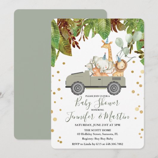Jungle Safari Baby shower garçon Invitation (Devant / Derrière)