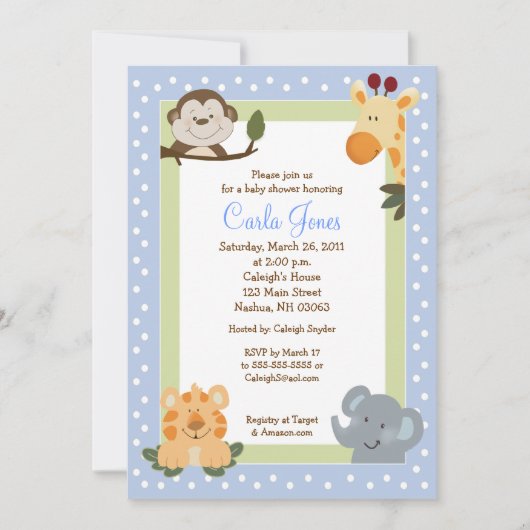 Jungle Safari Blue 5x7 Baby Shower Invitations (Devant)