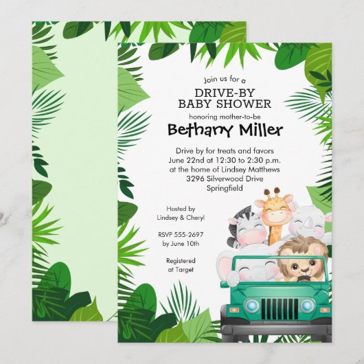 Jungle Safari Drive By Baby Shower Invitations (Devant / Derrière)