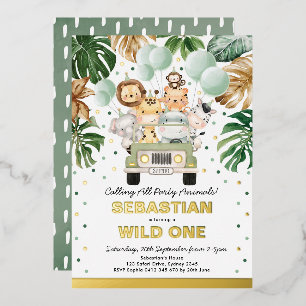 Jungle Safari Feest Dieren Wilde Eén Verjaardag  Folie Uitnodiging