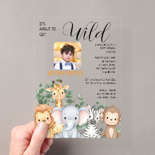 Jungle Safari "Het wordt wild" Baby Shower Acryl Uitnodigingen