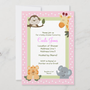 Jungle Safari rose 5x7 Invitations de douche bébé