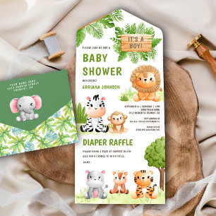 Jungle Safari Schattige Wilde Dieren Jongen Baby B All In One Uitnodiging