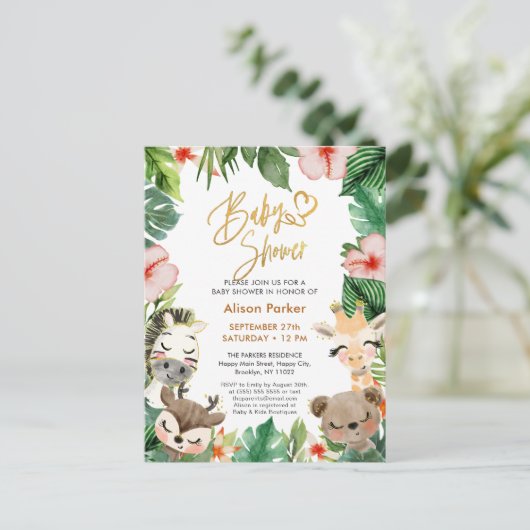 Jungle Safari Tropisch Bloemstuk Baby Shower Uitnodiging Briefkaart (Staand voorkant)