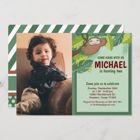 Jungle Sloth Anniversaire Photo Invitation (Devant / Derrière)