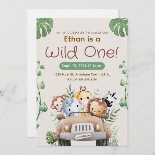 JUNGLE THEME INVITATION FOR BABY/TODDLER (Devant / Derrière)
