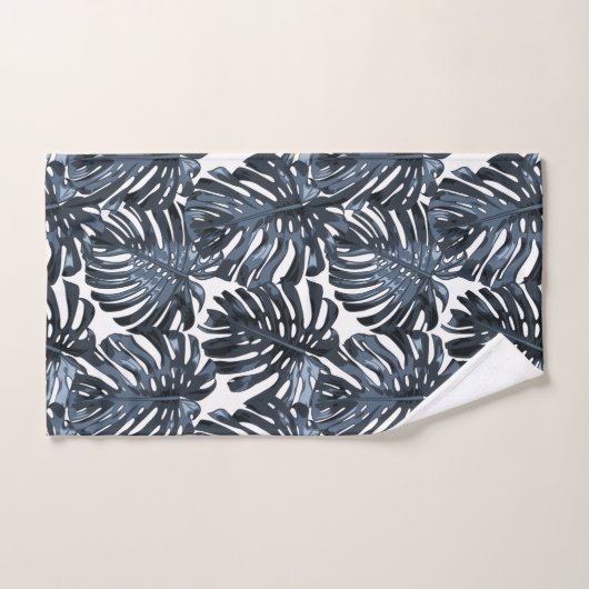 Jungle tropicale Feuilles Bleu foncé Blanc moderne (Serviette à main)