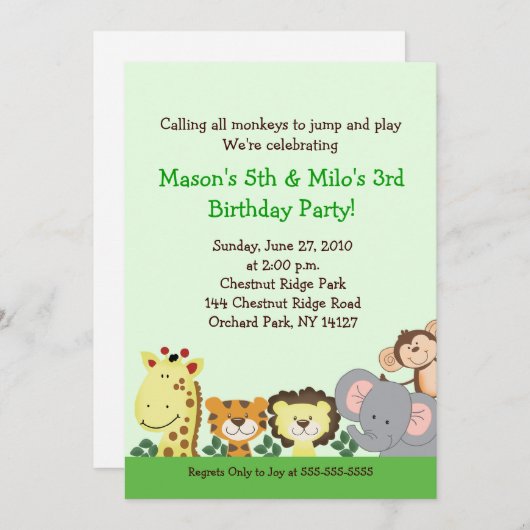 JUNGLE ZOO PARTY 5x7 Custom Birthday Invitation (Devant / Derrière)