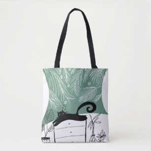 Jungle Zwarte Kat Tropische Planten Illustratie Draagtas