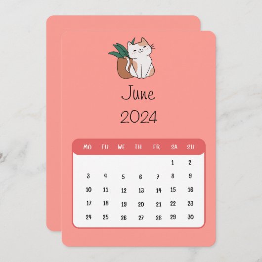 Juni 2024 Stand Alone Kat en Plant Kalender Menu (Voorkant / Achterkant)