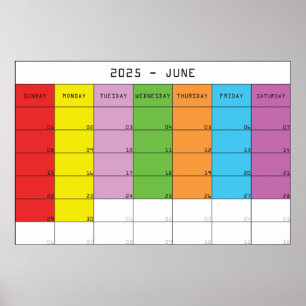 Juni 2025 kleur dagen kalender planner poster