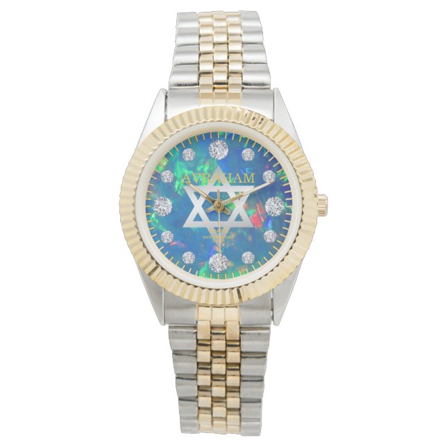Jupiter Blauw Zee Vuur Opal Diamond Aangepaste Naa Horloge (Voorkant)