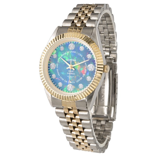 Jupiter Blue Fire Opal Diamond Aangepaste Gezegde  Horloge (Gekanteld)