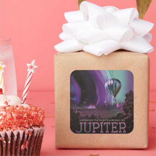 Jupiter Reizen door Hete Luchtballon Bighty Aurora Vierkante Sticker (Feest)