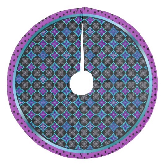 Jupon De Sapin En Molleton Art Déco Etoile Fleurs Aqua, Violet, Bleu sur Noir (Devant)