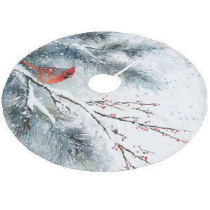 Jupon De Sapin En Molleton Cardinal rouge sur branche de pin enneigée