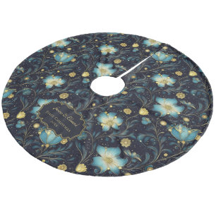 Jupon De Sapin En Molleton Élégant Midnight Blue & Gold Floral Personnalisé