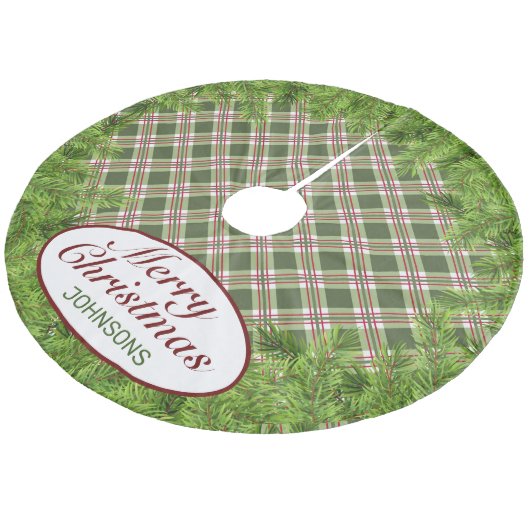 Jupon De Sapin En Molleton Rouge vert Plaid & Pine Branch Joyeux Noël (Angle)
