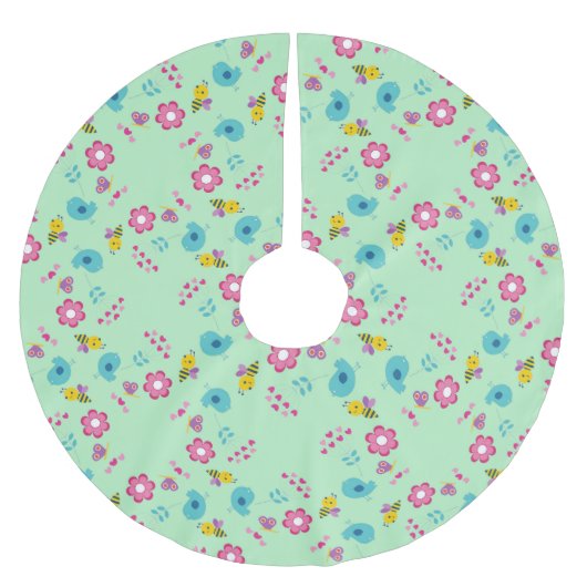 Jupon De Sapin En Polyester Brossé Abeilles, oiseaux et fleurs vert motif (Devant)