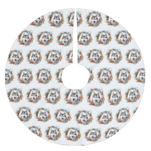 Jupon De Sapin En Polyester Brossé Alaskan Malamute Festive de la couronne de Noël (Devant)