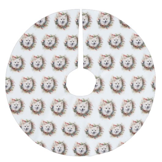 Jupon De Sapin En Polyester Brossé American Eskimo Christmas Wreath Festive Pup (Devant)