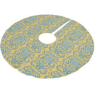 Jupon De Sapin En Polyester Brossé Aqua Blue Damask Old World Cream Jaune
