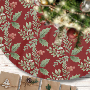 Jupon De Sapin En Polyester Brossé Aquarelle de Noël Motif botanique Rouge Vert