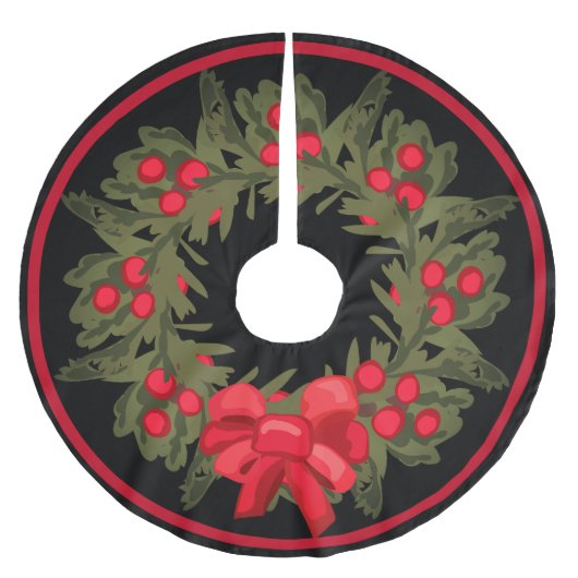 Jupon De Sapin En Polyester Brossé Aquarelle Holly Berry Wreath & Red Ribbon (Devant)