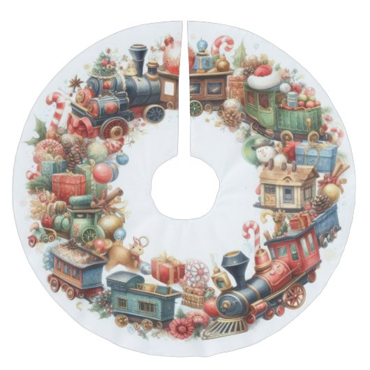 Jupon De Sapin En Polyester Brossé Aquarelle Noël Voyages Whimsical Trains (Devant)