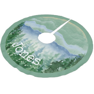 Jupon De Sapin En Polyester Brossé Aquarelle Pines de Noël Nom du monogramme