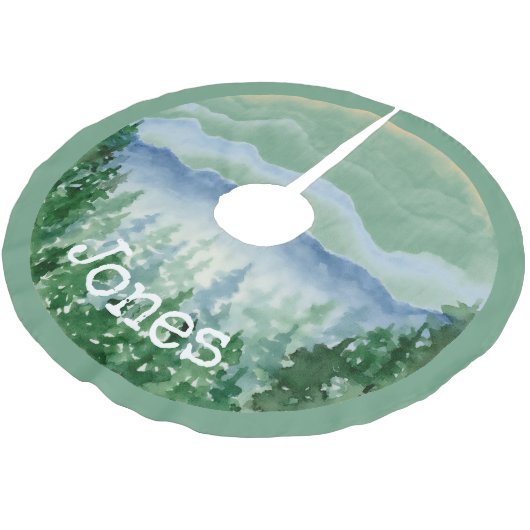 Jupon De Sapin En Polyester Brossé Aquarelle Pines de Noël Nom du monogramme (Angle)