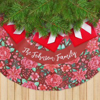 Jupon De Sapin En Polyester Brossé Aquarelle Rouge Poinsettia Fleurs + Nom de famille