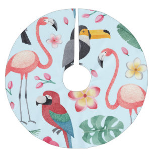 Jupon De Sapin En Polyester Brossé Aquarelle Tropicale : Fusion Oiseau-Fleur.