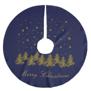 Jupon De Sapin En Polyester Brossé Arbre de Noël en or brillant, lune, étoiles sur bl