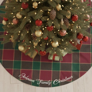 Jupon De Sapin En Polyester Brossé Arbre de Noël joyeux motif tartan rouge et vert
