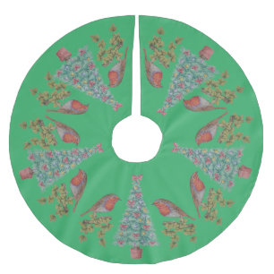 Jupon De Sapin En Polyester Brossé arbres décorés de noël avec lierre et robins