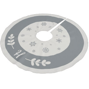 Jupon De Sapin En Polyester Brossé Argent et blanc avec flocons de neige et monogramm