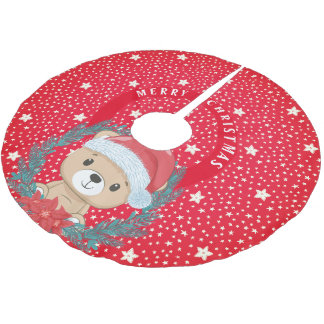 Jupon De Sapin En Polyester Brossé Belle Teddy Rouge et Blanc Etoiles Joyeux Noël