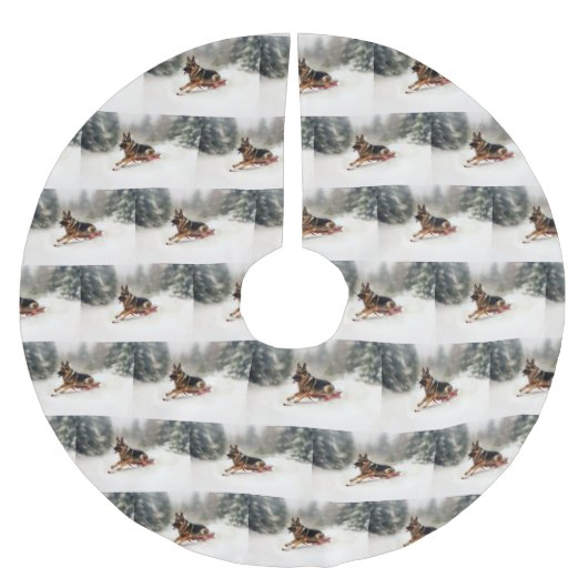 Jupon De Sapin En Polyester Brossé Berger allemand neige de Noël hiver (Devant)