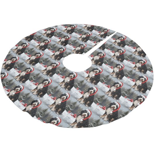 Jupon De Sapin En Polyester Brossé Bernedoodle Chien dans Noël de neige (Angle)