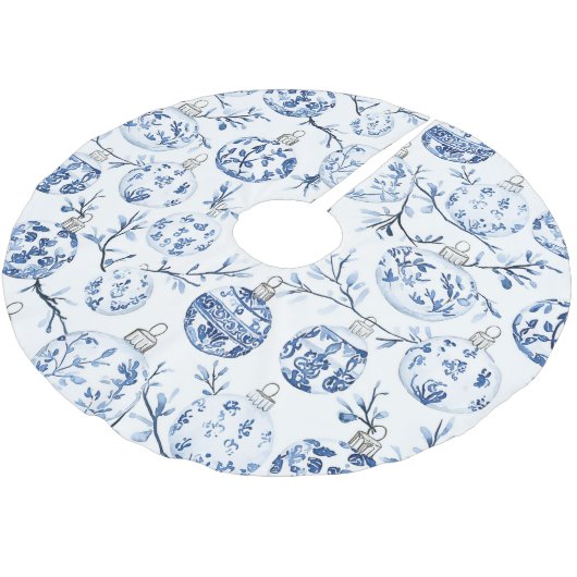 Jupon De Sapin En Polyester Brossé Bleu Chic Ornements de Noël Blancs (Angle)